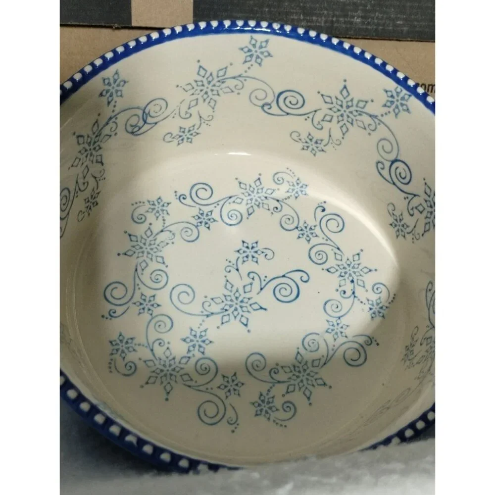 Temp-Taiton's Blue &‎ White Floral Lace Winter 1.75 QT Ceramic Bakeware Dish